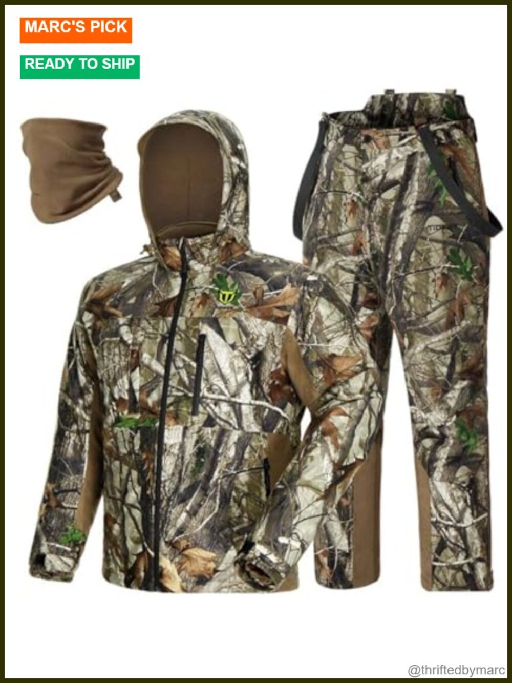 Men's Silent Hunting Suit with Face Mask Waterproof Insulated Camo Jacket & Bibs